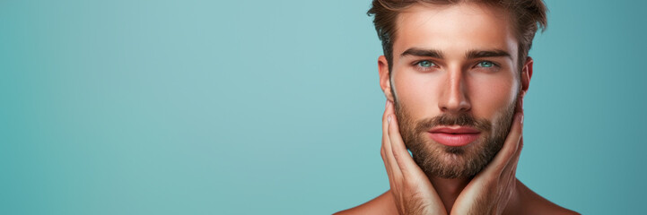 Obraz premium Man with hands on face on blue background