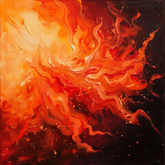 An abstract painting featuring swirling flames in shades of red, orange, and yellow. The dynamic brushstrokes create a sense of intense heat and energy