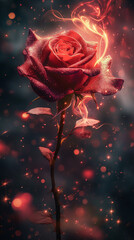 A glowing red rose with sparkling petals and ethereal light swirls against a dark, starry background. The flower's intricate details and radiant aura create a magical