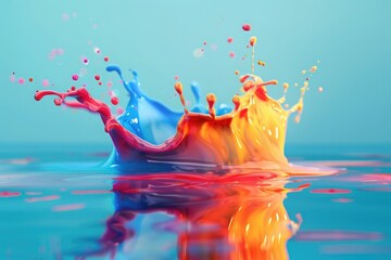 Colorful liquid paint splash with reflection isolated on blue background, 3D rendering,