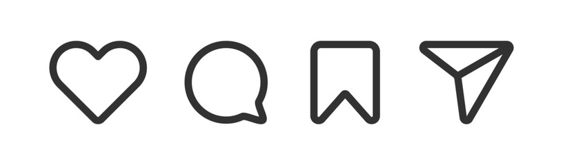 Message, like, send, save icon set. Social media button. Follow, heart, comment, share app interface.
