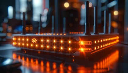 Closeup of a sleek, futuristic WiFi 7 router with glowing indicators, highlighting high-speed internet connectivity