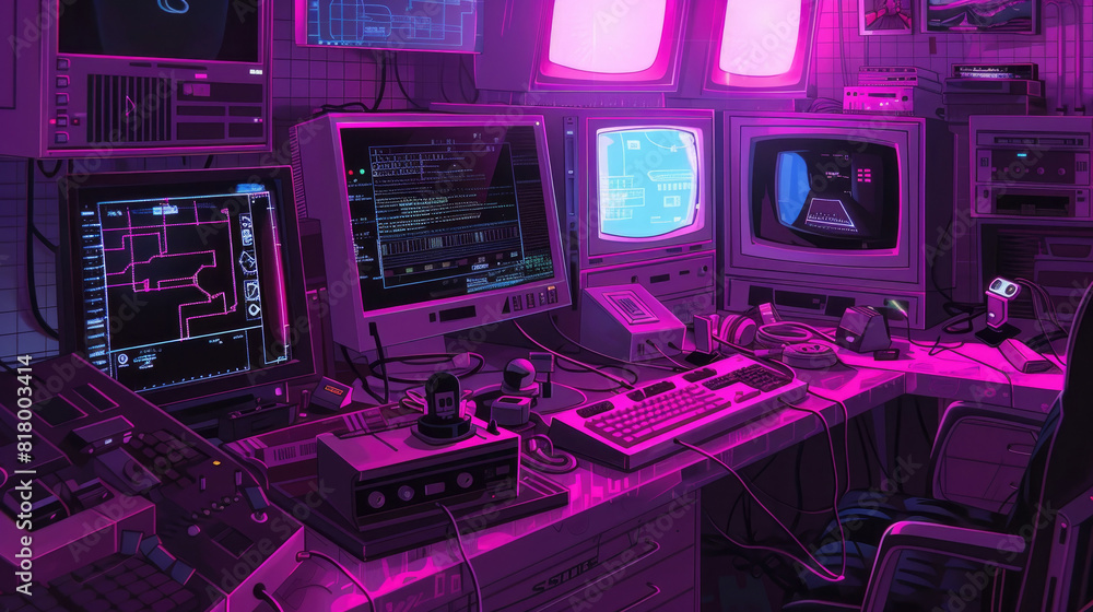 Aufkleber a room packed with numerous computers and monitors glowing under vibrant purple lights creating a fu