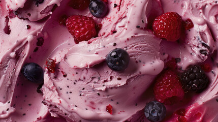 A detailed view of a scoop of ice cream topped with fresh berries and blackberries, creating a vibrant and appetizing dessert