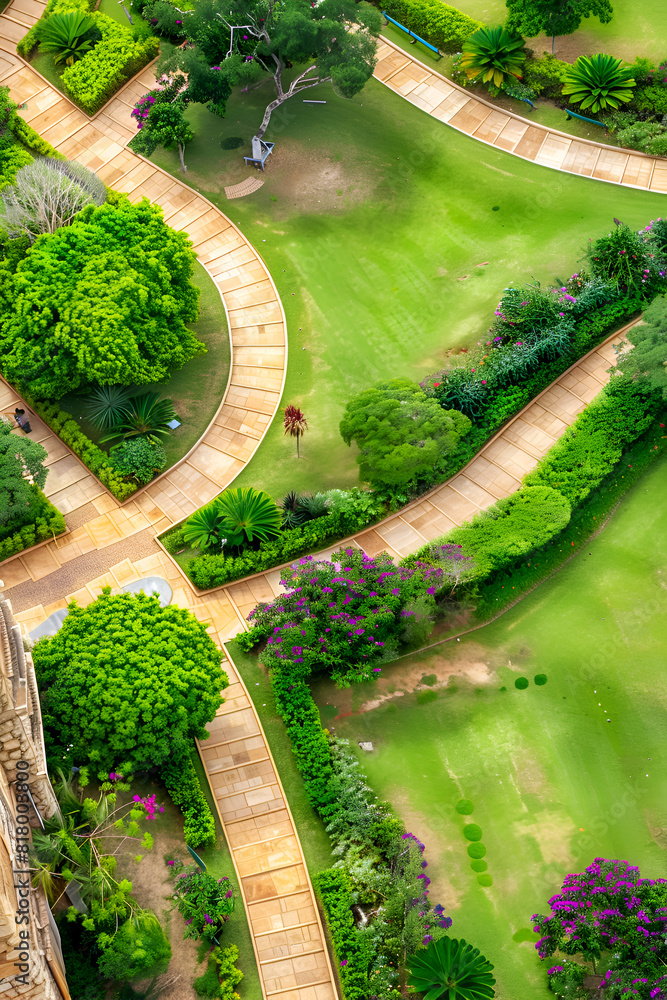 Poster a view of a park with a path and a green lawn. the path is surrounded by bushes and trees