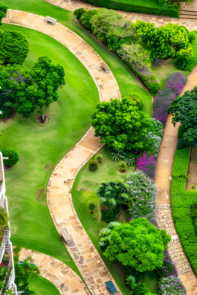 Poster a view of a park with a path and a green lawn. the path is surrounded by bushes and trees