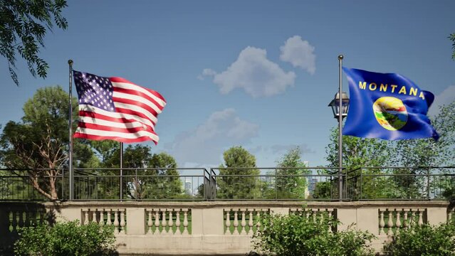 Modellazione 3D di balcone storico con bandiere USA e Montana