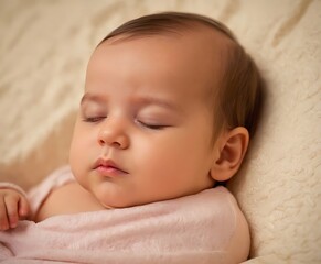 Top view of cute little baby yawning in bed, big sister holding newborn hand. Sisterly love, joy for new family member