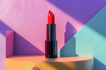 Colorful geometric shapes and lipstick in an abstract composition. 3D rendering, closeup, studio light, shadow on the wall, pastel colors, geometric background.