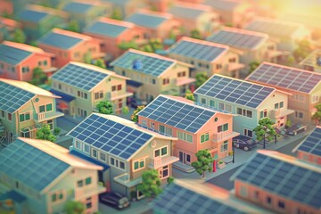 A neighborhood with houses with solar panels on the roof. The green living village bokeh style background
