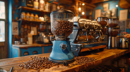 coffee shop scene, coffee beans and grinder on the counter, filling the busy coffee shop with a rich aroma on a bustling morning