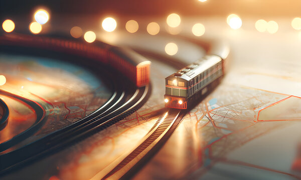 Viajando en un tren sobre un mapa iluminado suavemente por luces desenfocadas de fondo.