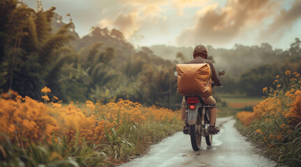 Fototapeta premium A person working in the countryside as a delivery rider. Generative AI.