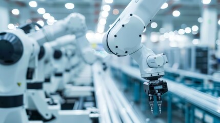 Inside an electronics assembly line with robotic arms, focused on precision and technology, clean modern style