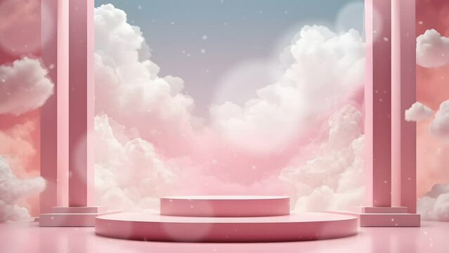 Background podium pink 3d product sky platform display cloud pastel scene render stand. Pink podium stage minimal abstract background beauty dreamy space studio pedestal smoke showcase geometric white