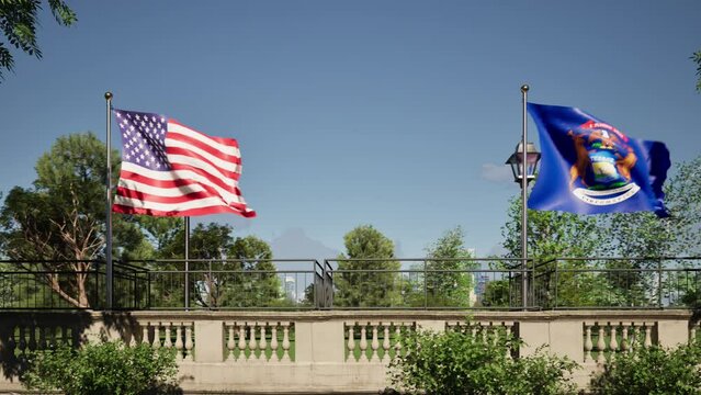 Modellazione 3D di balcone storico con bandiere USA e Michigan