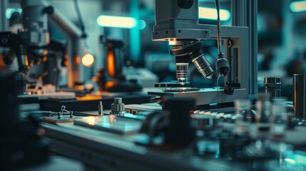 Fototapeta premium Detailed view inside a watch manufacturing workshop, precision tools and skilled workers piecing together sophisticated digital watches, emphasis on technology and tradition