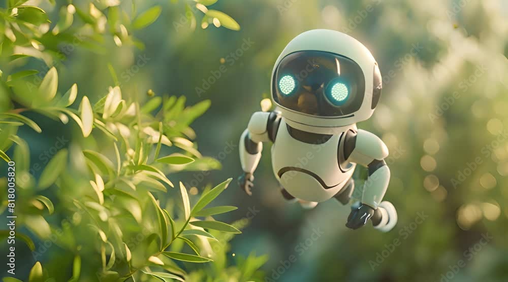 Canvas Prints A small futuristic robot with glowing blue eyes hovers near green leaves in a lush, natural environment.