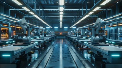 Fototapeta premium Futuristic concept of a fully automated electronics manufacturing line, with AI-controlled robots and minimal human intervention
