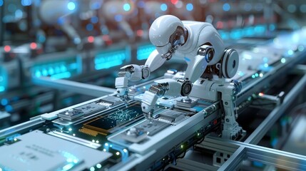 Obraz premium Futuristic concept of a fully automated electronics manufacturing line, with AI-controlled robots and minimal human intervention