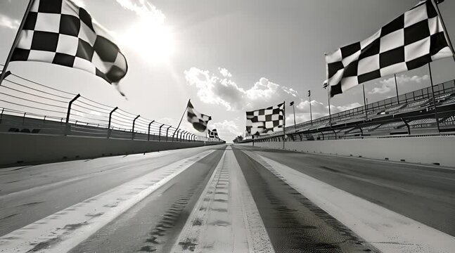 Black and white image of an empty race track with checkered flags waving and tire marks on the asphalt.
