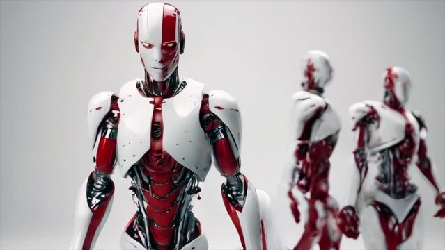 Three Red white modern male robot android on white background