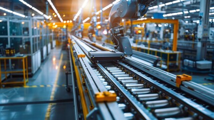 Industrial factory line producing calculators, showcasing the high-tech assembly process, wide-angle view