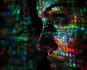 Digital Reflection: Woman Illuminated by Vibrant Binary Code, programming coding computer