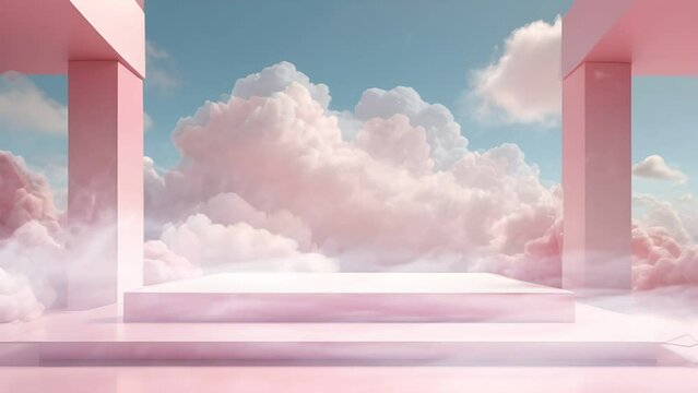 Background podium pink 3d product sky platform display cloud pastel scene render stand. Pink podium stage minimal abstract background beauty dreamy space studio pedestal smoke showcase geometric white
