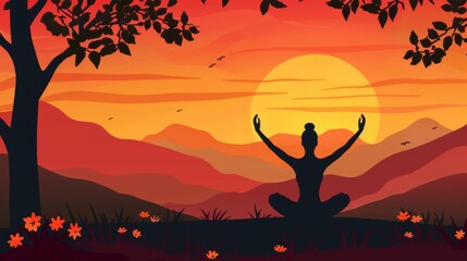 A silhouette of a woman engaging in yoga poses against the backdrop of mountains during a vibrant sunset