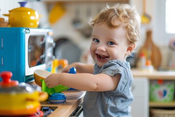 A toddler is happily playing with various toys on the floor of a kitchen, surrounded by colorful plastic blocks and stuffed animals