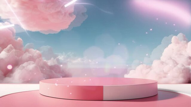 Background podium pink 3d product sky platform display cloud pastel scene render stand. Pink podium stage minimal abstract background beauty dreamy space studio pedestal smoke showcase geometric white