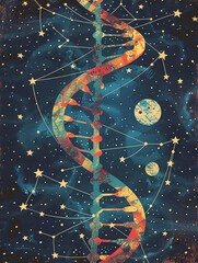 Create a watercolor painting of a double helix. Paint the helix with bright, vivid colors against a background of deep space. Include stars, planets, and constellations.