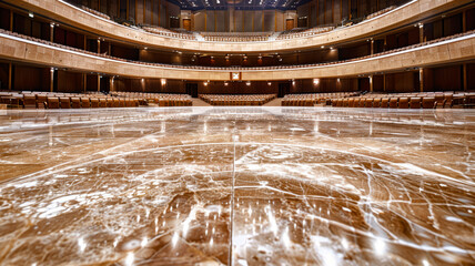 Curved Concert Hall, Golden Hall, large front screen, marble floor, warm coffee color, leather...