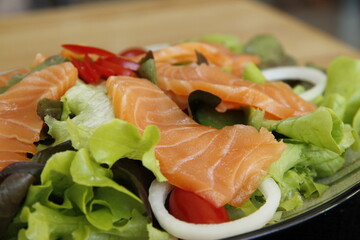 salmon with salad and lemon Salmon steak: smoked salmon: salmon sushi