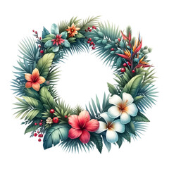 Fototapeta premium An illustration for Christmas in July, Christmas wreath with tropical flowers, rendered in watercolor style. 