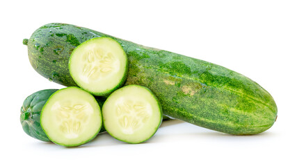 Front view or side view of fresh green cucumber with slices or pieces in stack isolated with clipping path and shadow in png file format