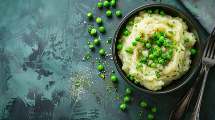 Bowl with mashed potatoes green peas and fork on color background - Powered by Adobe