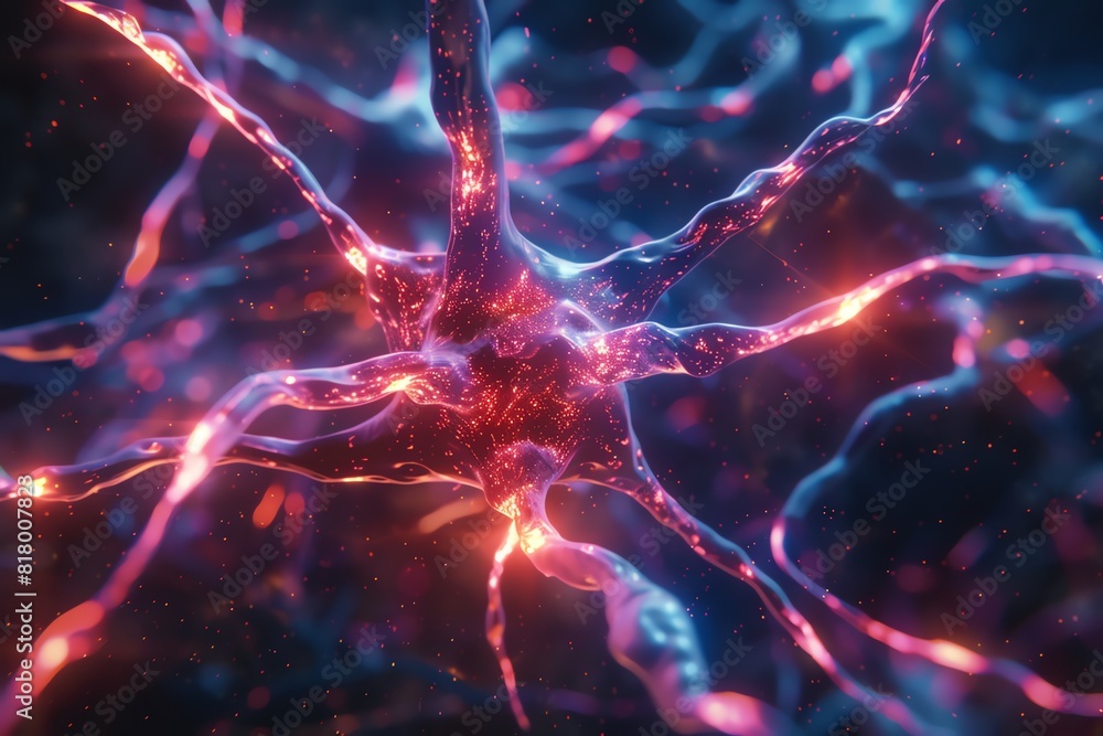 Fototapete visualize a detailed 3d rendering of neuron. the organic structure should resemble a tree with a glo