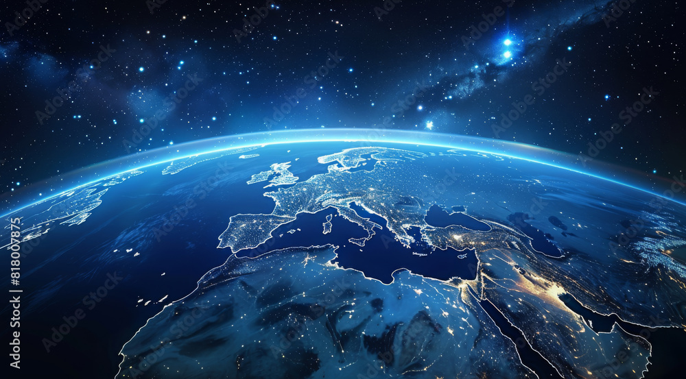 Aufkleber View of the Earth from space at night with Aurora borealis showing the African continent. Generative AI.