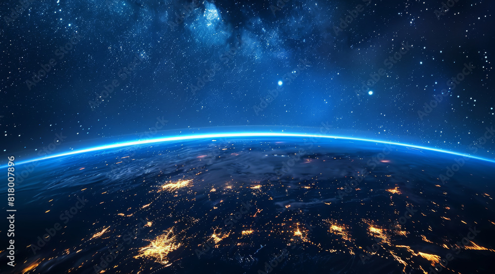 Poster view of the earth from space at night with aurora borealis showing the african continent. generative