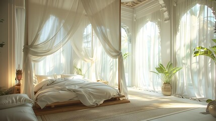 A tranquil bedroom with a canopy bed and soft, flowing curtains.