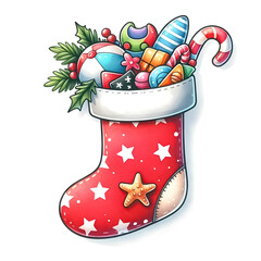 An illustration for Christmas in July, Christmas stocking filled with beach toys, rendered in watercolor style. 