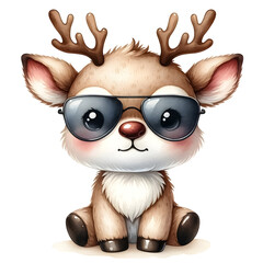An illustration for Christmas in July, Reindeer with sunglasses, rendered in watercolor style. 