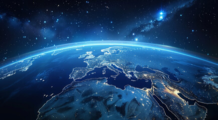 Naklejka premium View of the Earth from space at night with Aurora borealis showing the African continent. Generative AI.