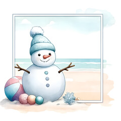 An illustration for Christmas in July, Snowman on the beach, rendered in watercolor style. 