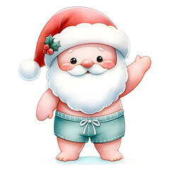 An illustration for Christmas in July, Santa Claus in swim trunks, rendered in watercolor style. 