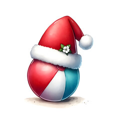An illustration for Christmas in July, Santa hat on a beach ball, rendered in watercolor style. 