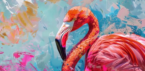 Colorful pink flamingo bird on vibrant background, close up portrait