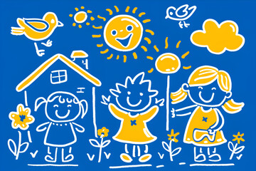 A blue and yellow drawing of children and animals, including a duck, a flower, and a sun